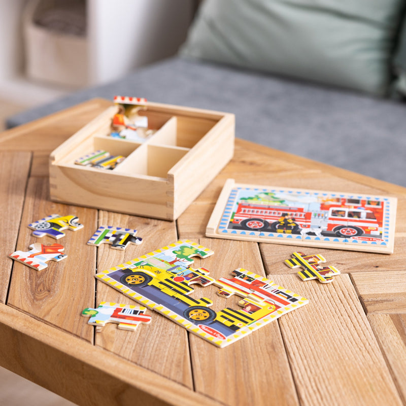 Melissa & Doug - 12-Piece Wooden Puzzles - Vehicles (Set of 4) - in use during play