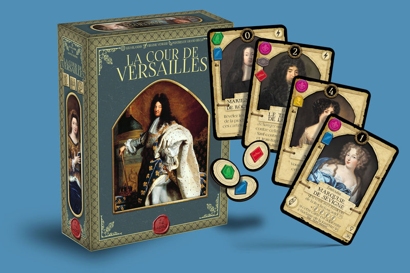 La Cour de Versailles base game box, character cards and wax-seal tokens