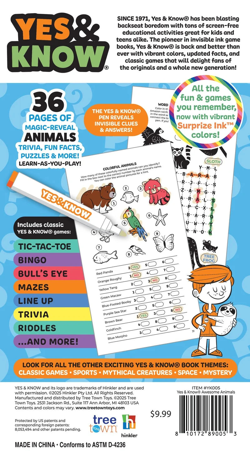 Tree Town Toys - YES & KNOW - INVISIBLE INK GAME BOOK - AMAZING ANIMALS