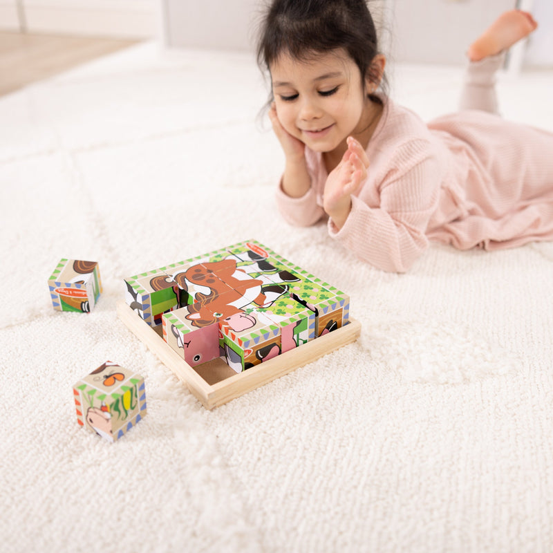 Melissa & Doug - 16-Piece Wooden Cube Puzzle - Farm - in use during play