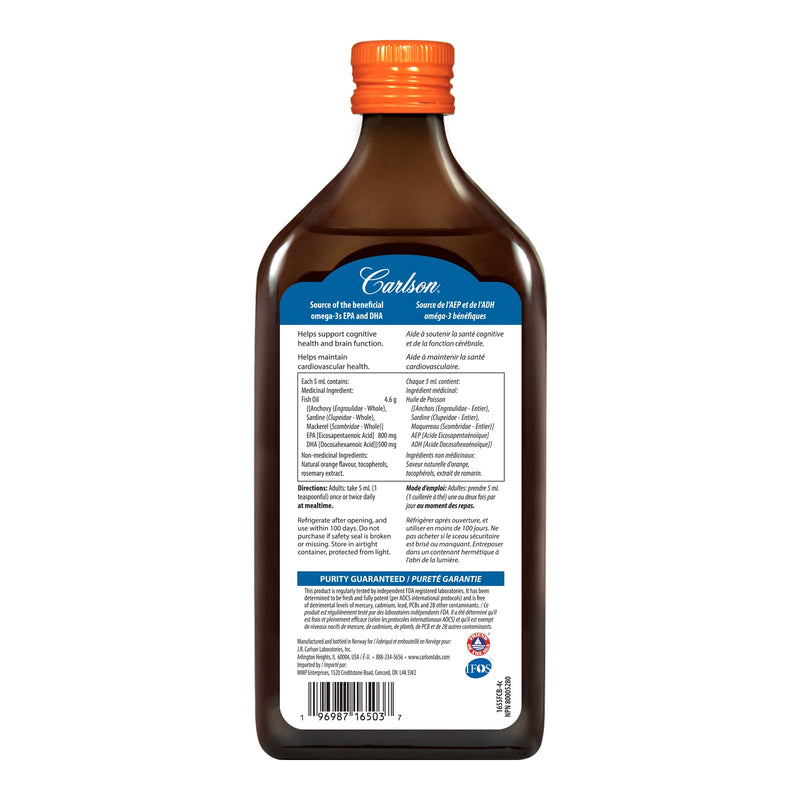 Carlson Fish Oil liquid, natural orange flavour, 500 mL bottle – view 2