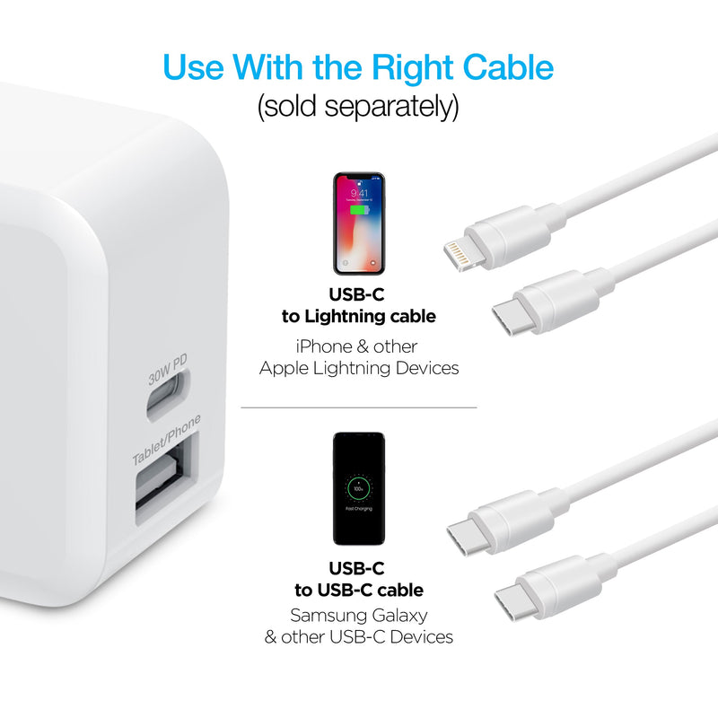 Naztech – 30W USB-C PD + 12W USB-A Dual-Port Wall Charger – White – compatible charging cables