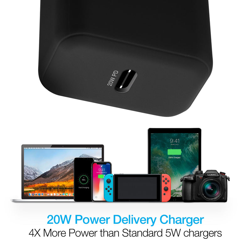 Naztech – 20W USB-C PD Wall Charger with USB-C Cable – Black | 4 ft / 1.22 m – USB-C charging output