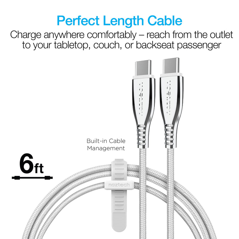 Naztech – Titanium 60W USB-C to USB-C Braided Cable – White | 6 ft / 1.83 m – 6 ft cable length