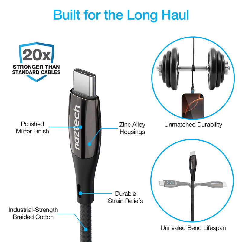 Naztech – DigiWATT 240W USB-C Cable with LED Power Display – Black | 6 ft / 1.83 m – braided construction and strain relief