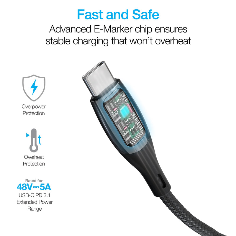 Naztech – DigiWATT 240W USB-C Cable with LED Power Display – Black | 12 ft / 3.66 m – e-marker and charging protection