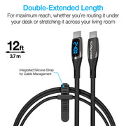 Naztech – DigiWATT 240W USB-C Cable with LED Power Display – Black | 12 ft / 3.66 m – 12 ft cable length
