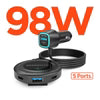 HyperGear - Car Charger 5 Port 98W Road Runner 2 Port Front Seat USB-A (18W) USB-C (30W) 3 Port Back Seat USB-A (18W) 2X USB-C (30W & 20W) with 5ft Extended Cable - Black