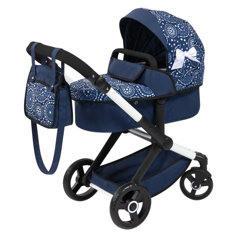 XEO - DOLL PRAM BLUE WITH WHITE PATTERNS