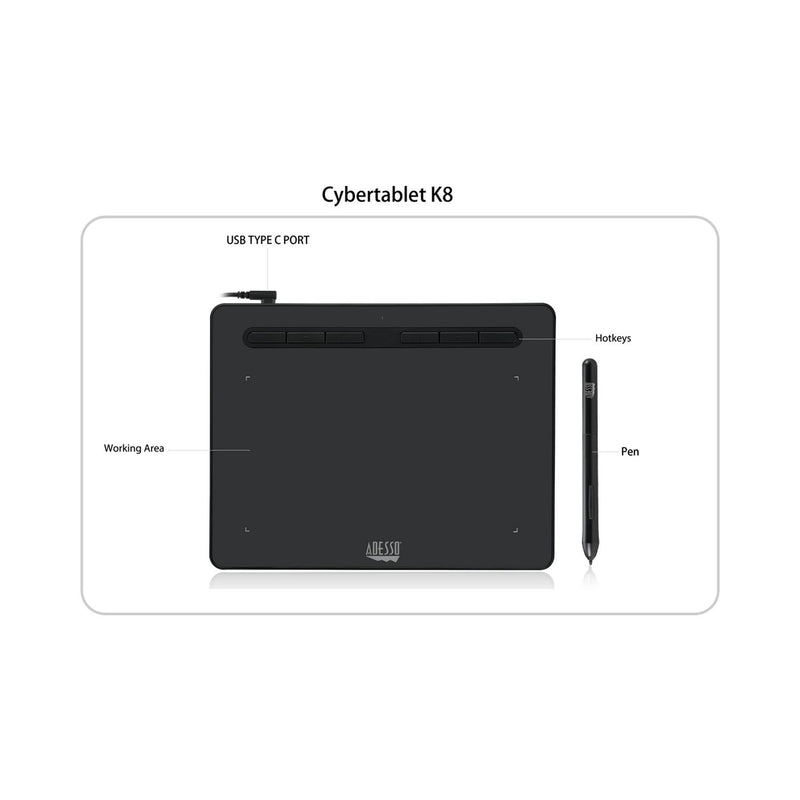 Adesso CyberTablet K8 graphic drawing tablet with stylus in black – view 2