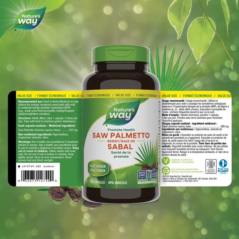 Nature’s Way – Saw Palmetto Berry – 585 mg | 180 Vegetarian Capsules – Canadian ingredients, directions and warnings