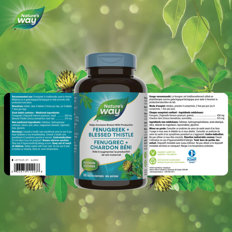 Nature’s Way – Fenugreek + Blessed Thistle – 450 mg + 375 mg | 180 Tablets – Canadian ingredients, directions and warnings