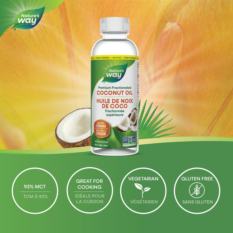 Nature’s Way – Liquid Coconut Oil – 93% MCT | 20.3 fl oz / 600 mL – non-hydrogenated cooking oil features