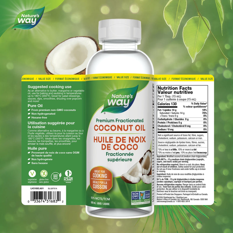 Nature’s Way – Liquid Coconut Oil – 93% MCT | 20.3 fl oz / 600 mL – Canadian ingredient and nutrition label