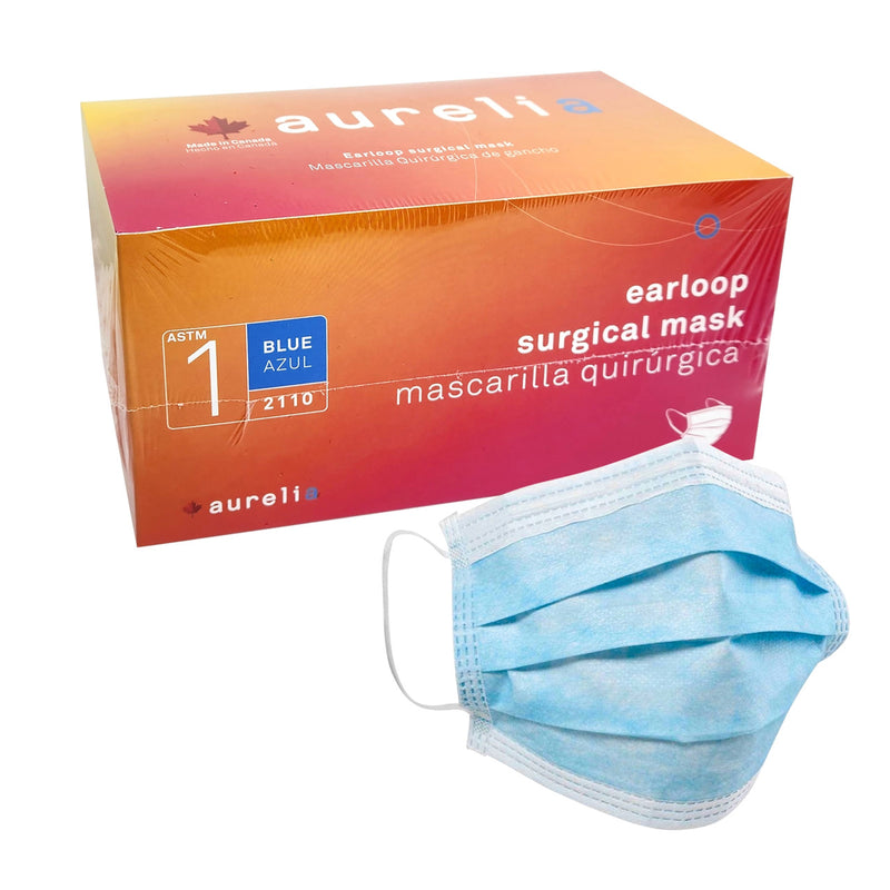 Aurelia 2110 ASTM Level 1 blue earloop surgical masks - box of 50