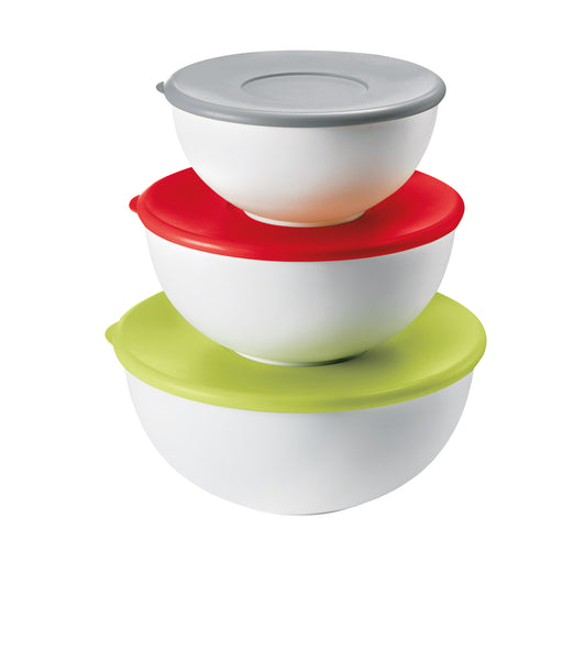 Guzzini Everywhere set of three white storage bowls with grey, red and green lids