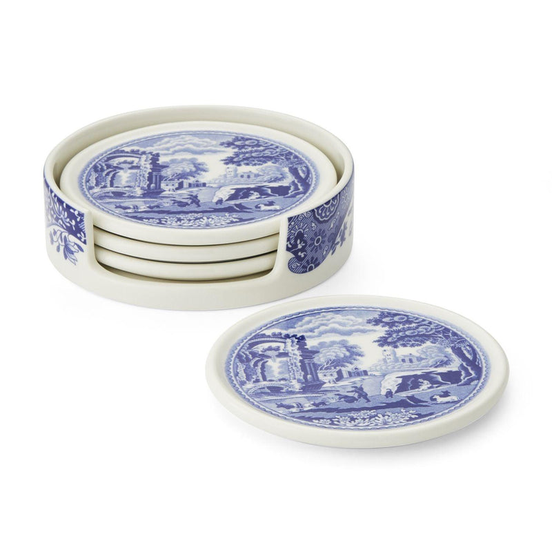 Spode Blue Italian ceramic coasters with holder, set of 4