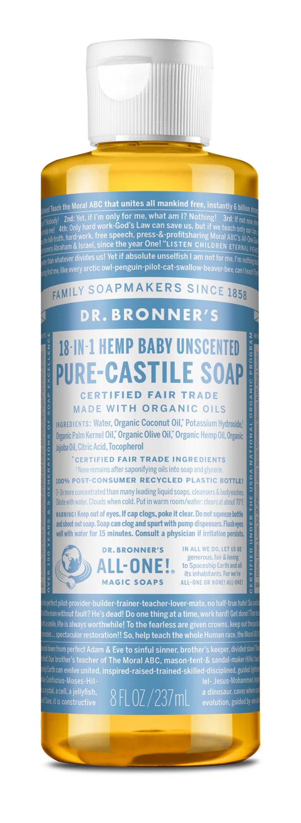 Dr. Bronner's Unscented Pure-Castile liquid soap, 8 oz bottle