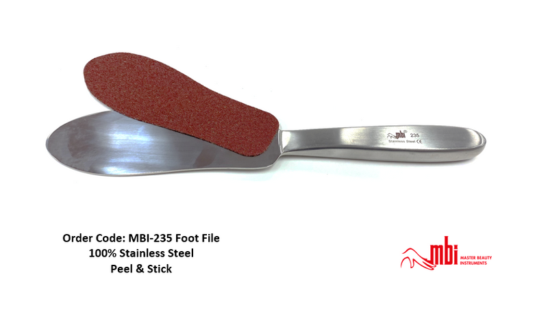 MBI - 235 Stainless Steel Stick & Peel Foot File – Foot file with example abrasive pads