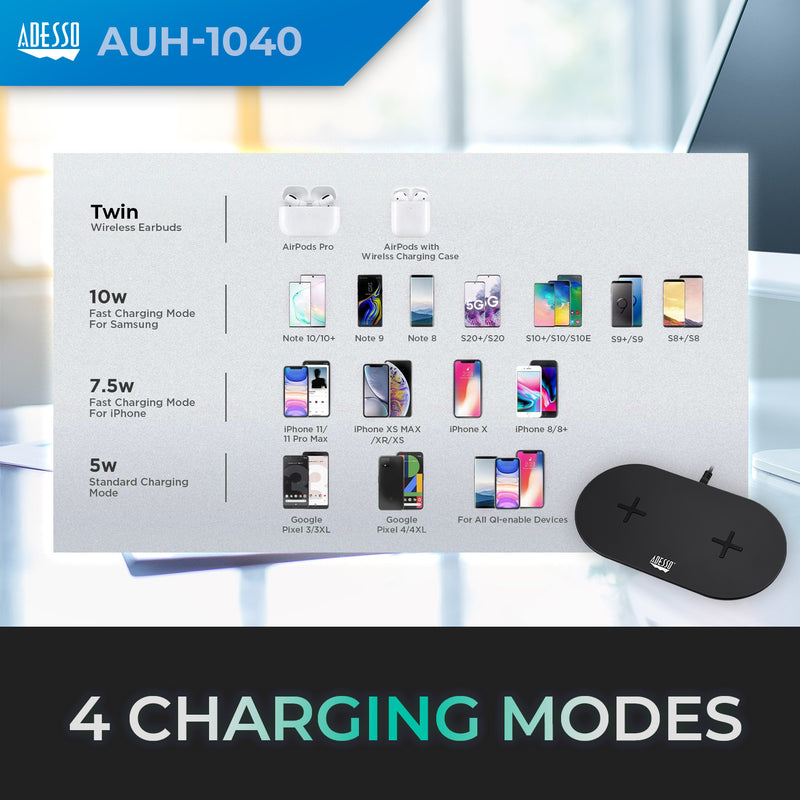 Adesso - 15W Wireless Dual QI Charger Pad