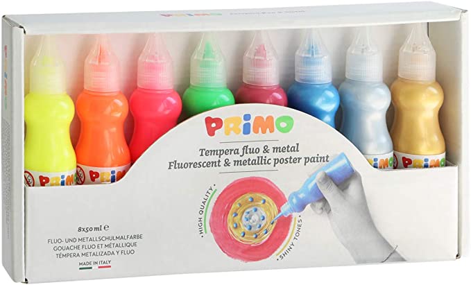 Primo fluorescent and metallic poster paint, set of 8 bottles