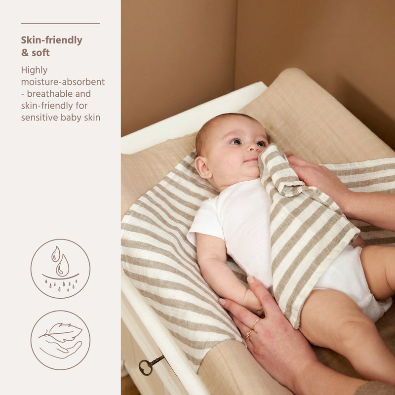 Meyco Baby Muslin Squares – Fat Stripe Taupe – additional product detail or lifestyle view