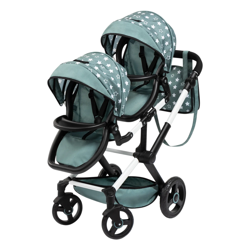 XEO TWIN - TWIN DOLLS PRAM - TEAL AND STAR PATTERNS