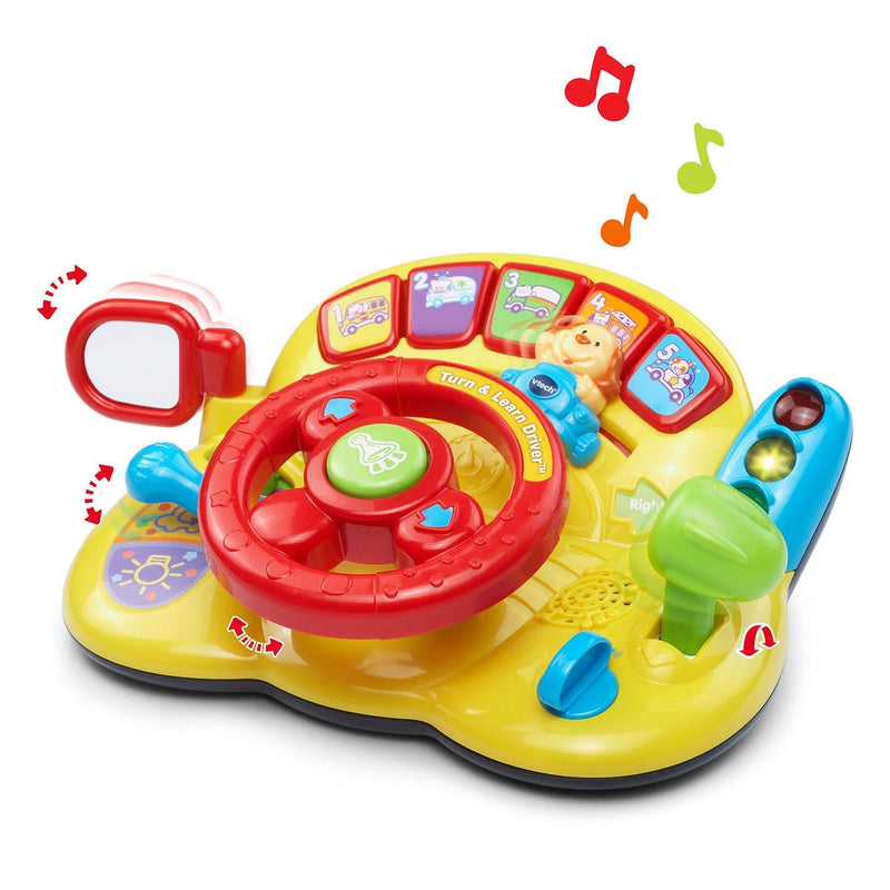 VTech Turn & Learn Driver baby steering wheel toy with dog character and gear shifter