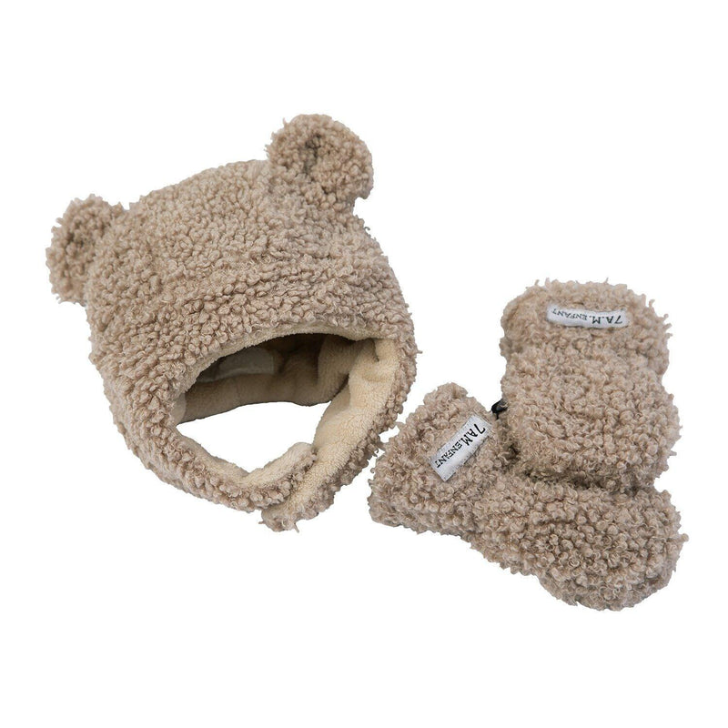 7AM Teddy Cub baby hat and mittens set in Oatmeal