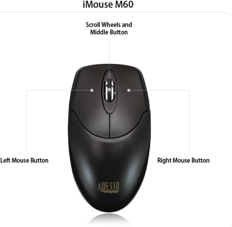 Adesso - Mouse Wireless Antimicrobial M60 3 Buttons optical scroll up to 1200dpi PC/Mac - Black