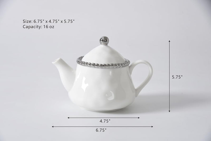 White teapot with silver lid and decorative band, shown with measurements on a light gray background.
