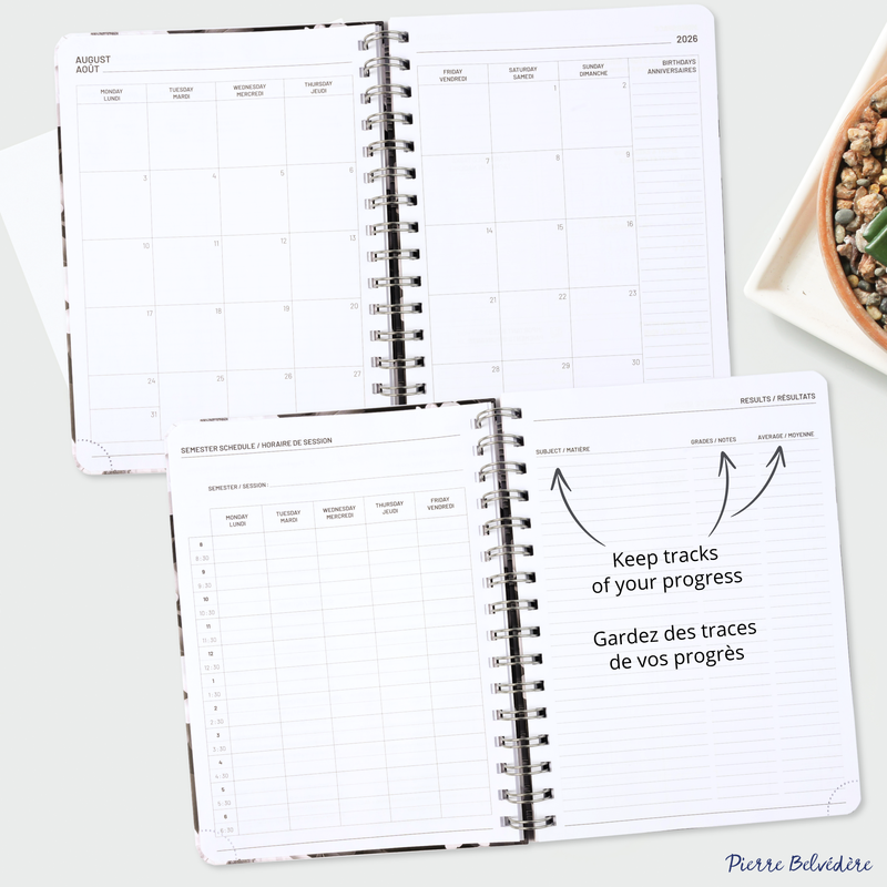 ACADEMIC AGENDA 2026-2027- MEDIUM 1W/2P- BLACK AND WHITE FLOWERS