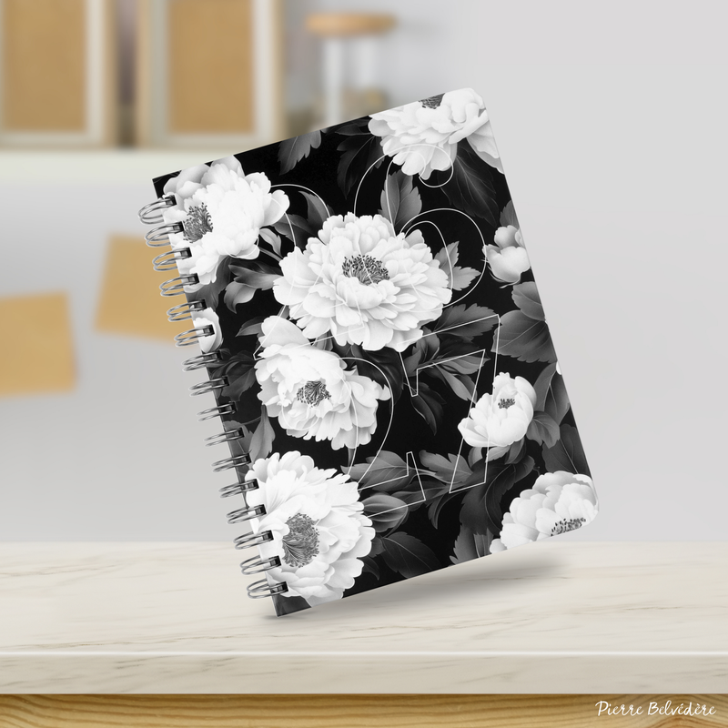 ACADEMIC AGENDA 2026-2027- MEDIUM 1W/2P- BLACK AND WHITE FLOWERS