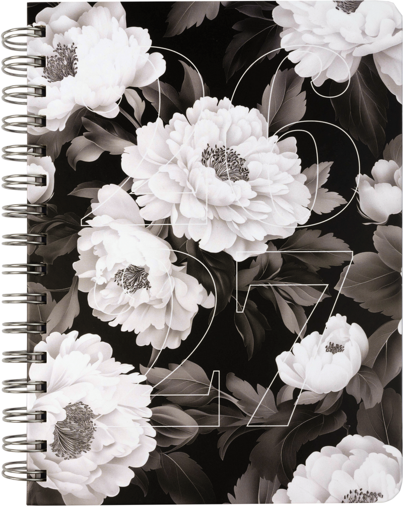 ACADEMIC AGENDA 2026-2027- MEDIUM 1W/2P- BLACK AND WHITE FLOWERS