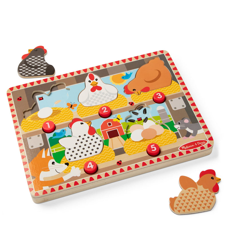 Melissa & Doug - Happy Hens Push-to-Pop Wooden Puzzle - 5 Pieces - wooden hen puzzle and removable pieces
