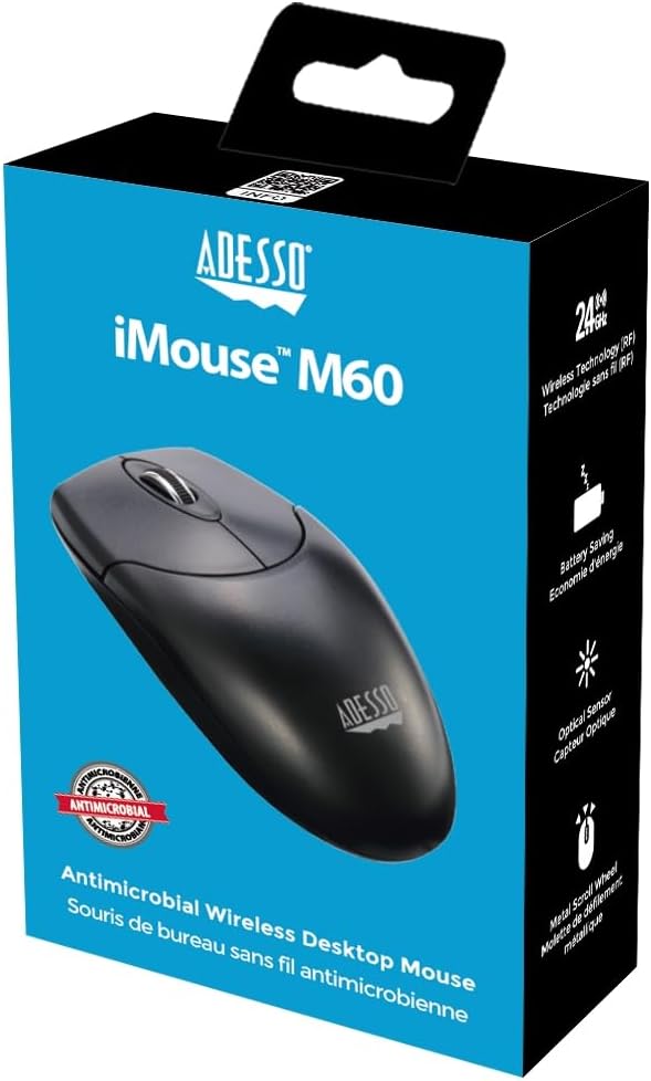 Adesso - Mouse Wireless Antimicrobial M60 3 Buttons optical scroll up to 1200dpi PC/Mac - Black