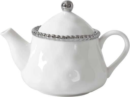 White teapot with silver decorative rim on a white background