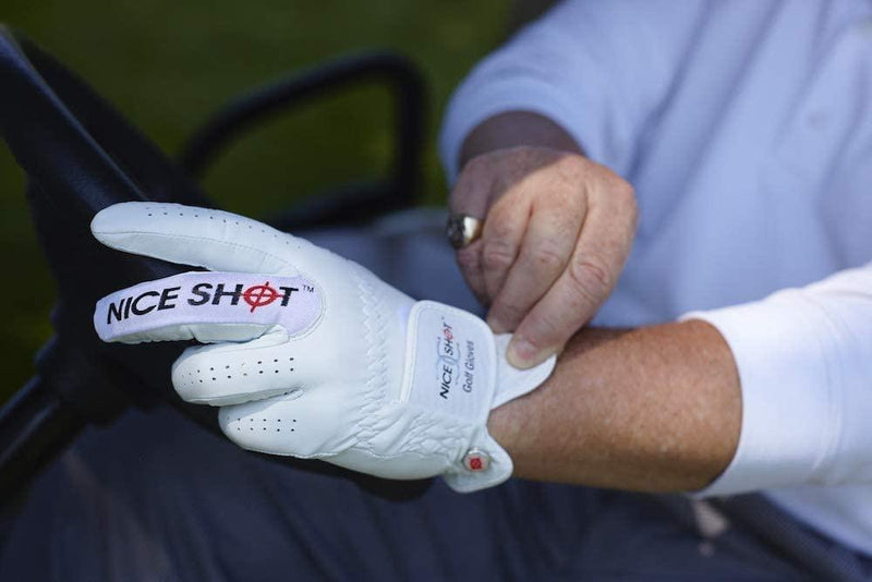 Nice Shot The Bird white left-hand golf glove – adjustable wrist closure in use