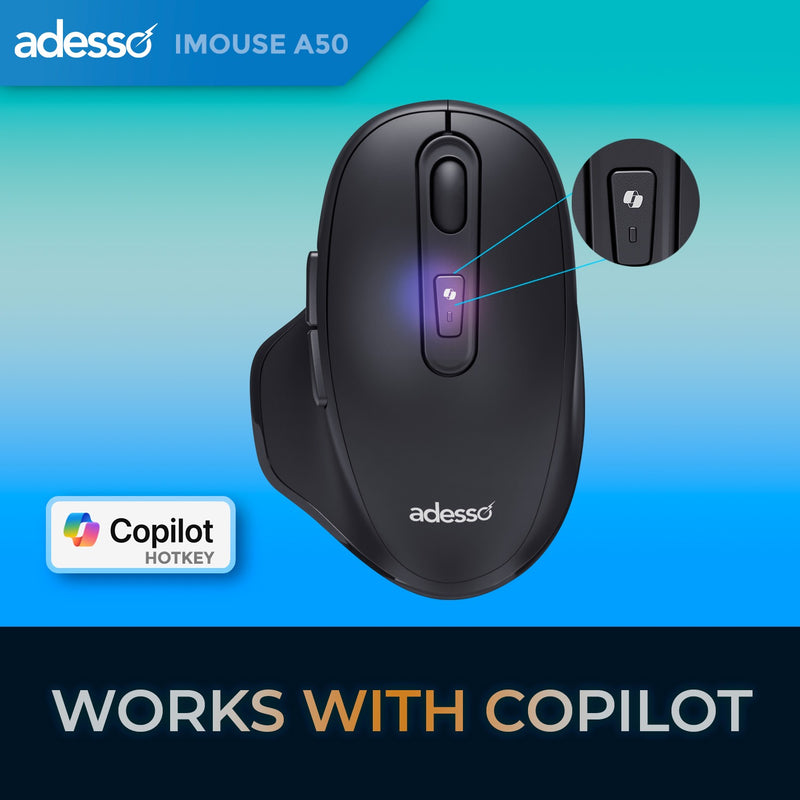 Adesso - Mouse Wireless A50 Ergomonic Bluetooth/2.4Ghz RF with programable AI Hotkey