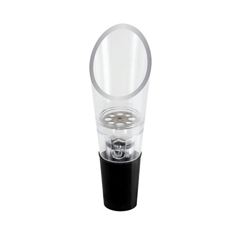 OGGI aerating wine pourer with clear acrylic chamber and black rubber bottle-neck fitting