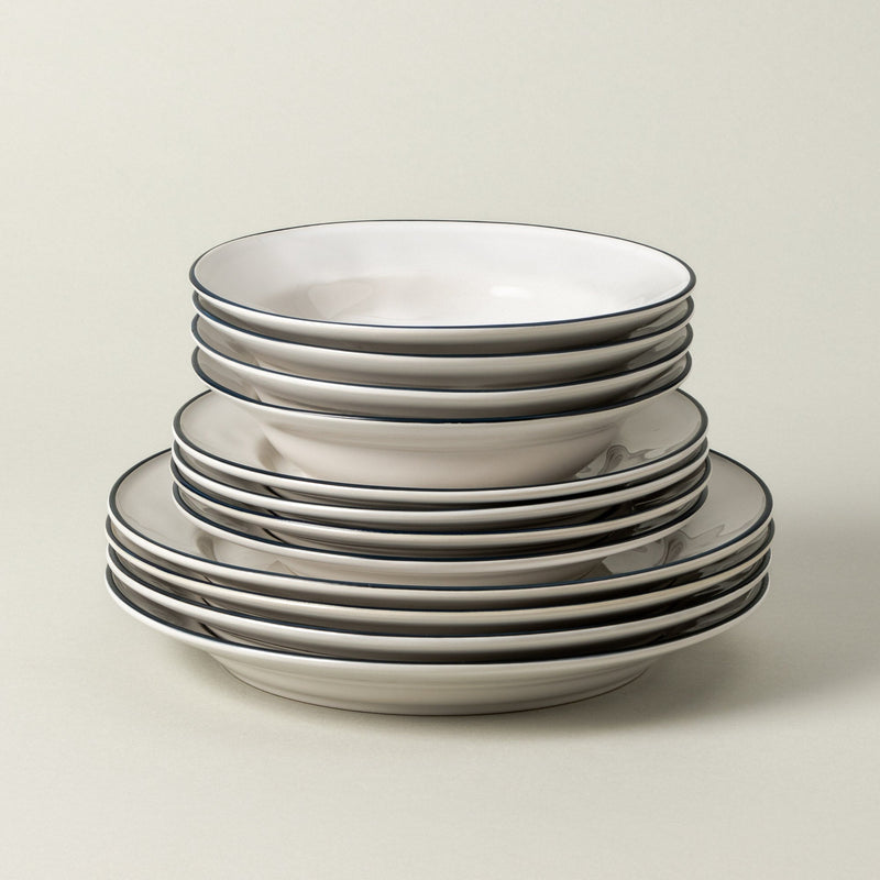 Beja - White & Blue 12-piece Dinnerware Set with Soup/pasta Plate