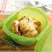 Lékué green steam case with roast chicken