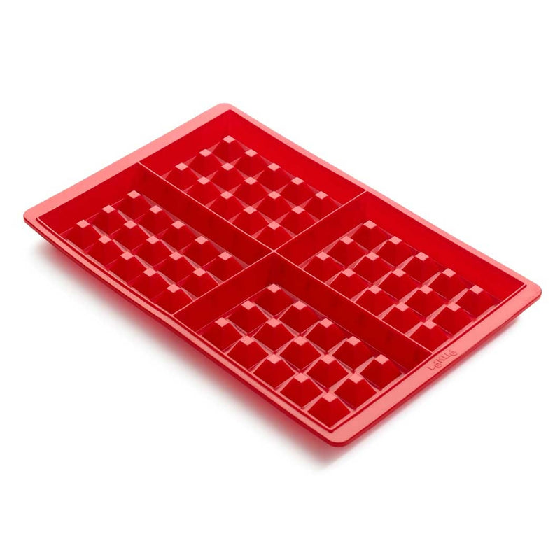 Red Lékué four-cavity waffle mould shown; set includes two moulds