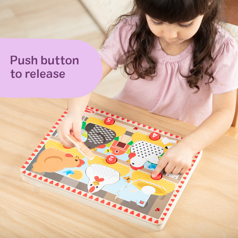 Melissa & Doug - Happy Hens Push-to-Pop Wooden Puzzle - 5 Pieces - numbered push buttons