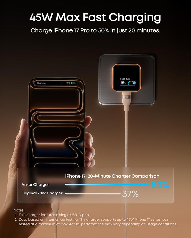 Anker - Nano (A121D) - 45W USB-C Wall Charger with Smart Display - Orange