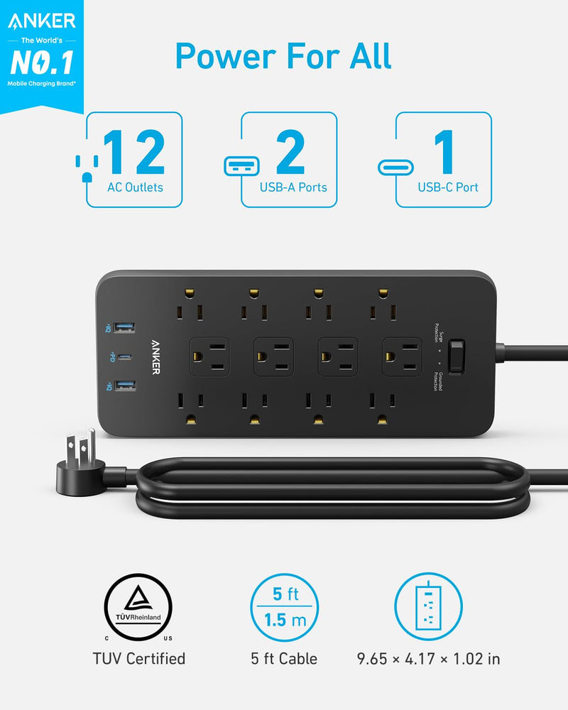 Anker - 351 (A9192) - 12-Outlet Surge Protector Power Strip - Black