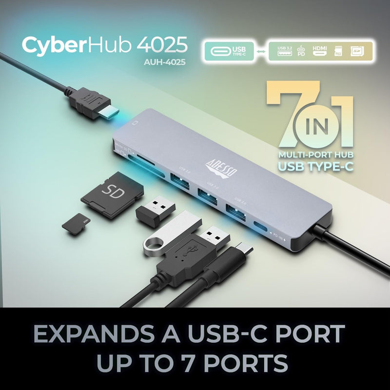 Adesso - 7 in 1 Docking Station, USB C to HDMI,  PD,  3* USB A , Micro SD/SD Card reader
