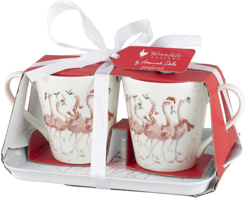 Wrendale Flamingle Bells mug and tray set in gift packaging