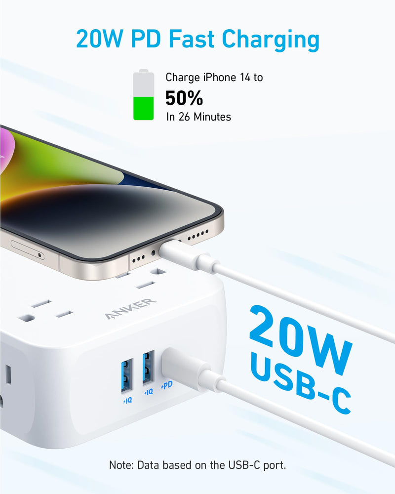 Anker - 341 (A9183) - 8-Outlet USB Surge Protector Power Strip - White
