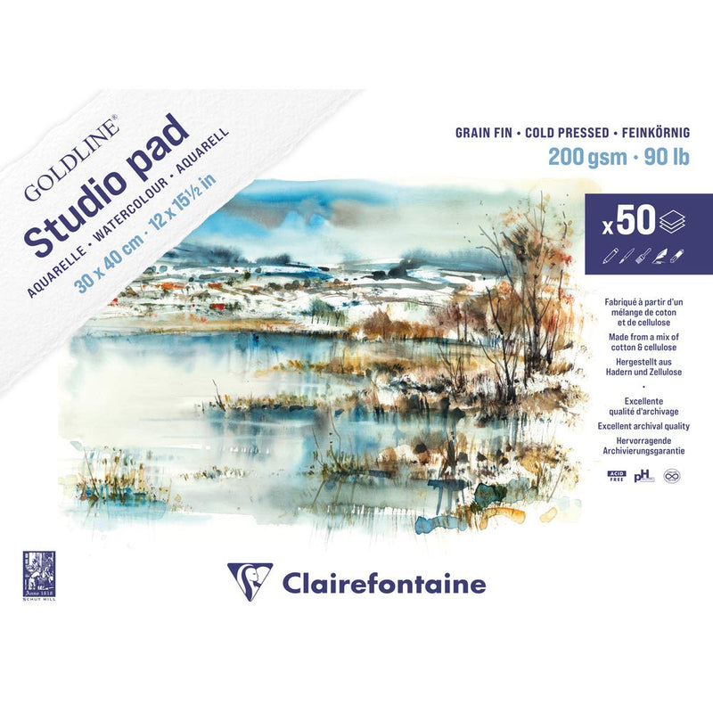 Clairefontaine - Watercolour Glued Pad Goldline Studio 200G 50 Sheets (11.8 x 15.7 In)